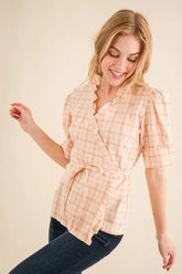 And The Why Plaid Patterned and Ruffled Wrap Blouse Top OutfitFlow